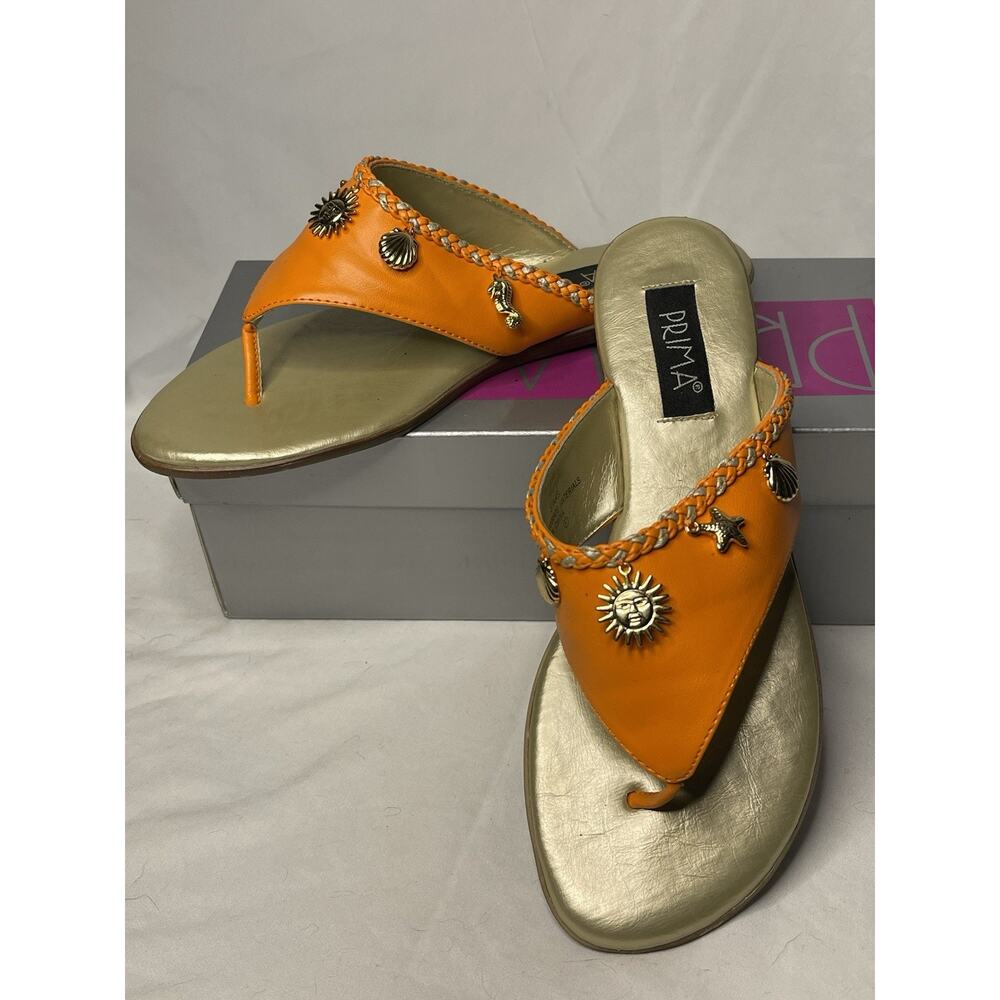 Prima Charms Sandals Women’s 9 M Orange Gold Thong Nautical Tropical Travel NEW